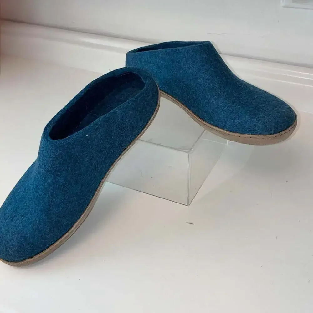 Glerups Unisex Wool Felt Slip-On Slippers with Leather Sole in Denim Blue